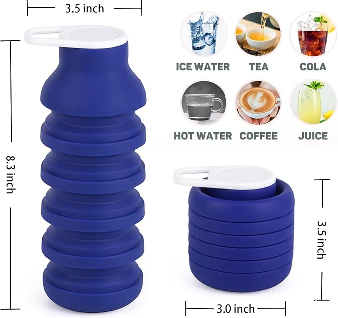 Collapsible Silicone Water Bottle 20oz - Foldable Travel Bottle Leakproof, BPA Free, Space Saving for Gym, Hiking & Travel, Dishwasher Safe(Includes carabiner and cleaning brush),dark blue - Image 2