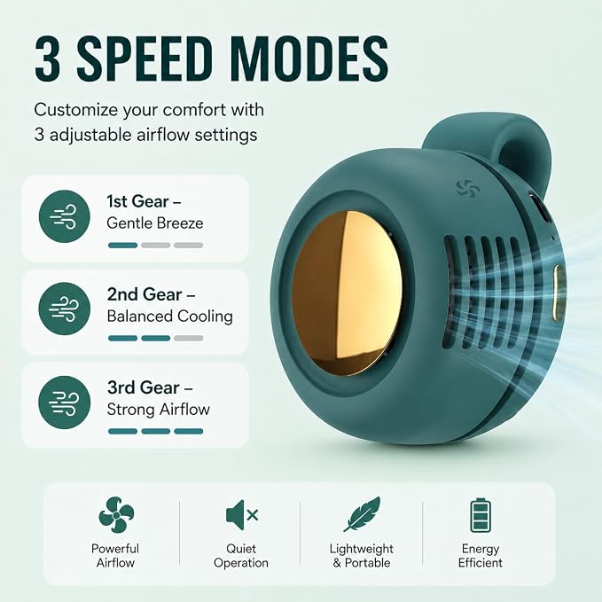 Portable Silent Mini Bladeless Fan Clip On, Small Fan Clip on for Shirt & Waist, Adjustable 3-Speed Suspended Whirlwind Fans, For Outdoor & Travel & Office, Travel Accessories (2, green) - Image 2