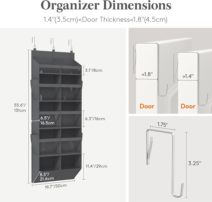 Lifewit 1 Pack Over the Door Organizer, 10 Section Clear Window Hanging Storage with 4 Side Pockets, Sturdy Anti Tilt 40 lbs Load Behind Door for Closet, Bedroom, Bathroom, Nursery, Dorm, Gray - Image 2