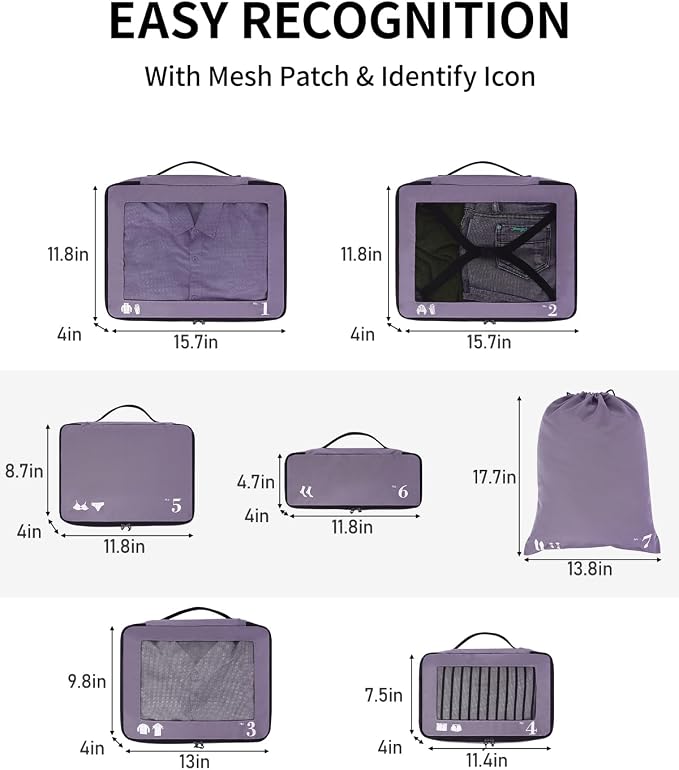 ECOHUB 7 Set Packing Cubes Tear-Resistant Luggage Packing Organizers with Number Icon for Travel Accessories Luggage Suitcase Machine Washable Packing Cubes (Purple) - Image 6