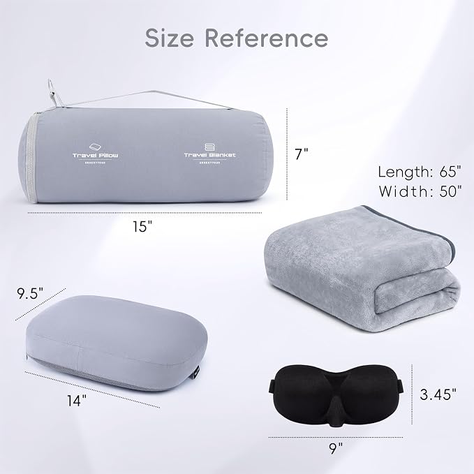 urnexttour 4-in-1 Travel Pillow & Blanket Set with Eye Mask, Memory Foam Neck Support, 50x65 Inch Blanket, Storage Bag for Airplane, Car, Train, Home Travel Grey - Image 3