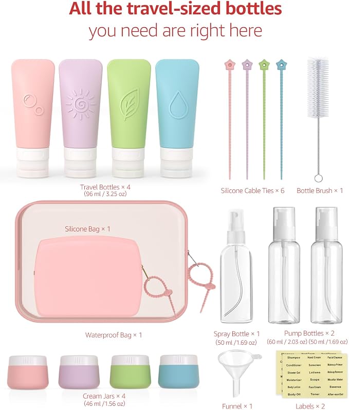 23 Pcs Travel Bottles for Toiletries,Travel Containers for Toiletries | 23-Piece Silicone Travel Bottles Set, TSA Approved Leakproof Toiletry Kit with 2 Bags, Squeeze Bottles, Jars, Pump & Spray - Image 6