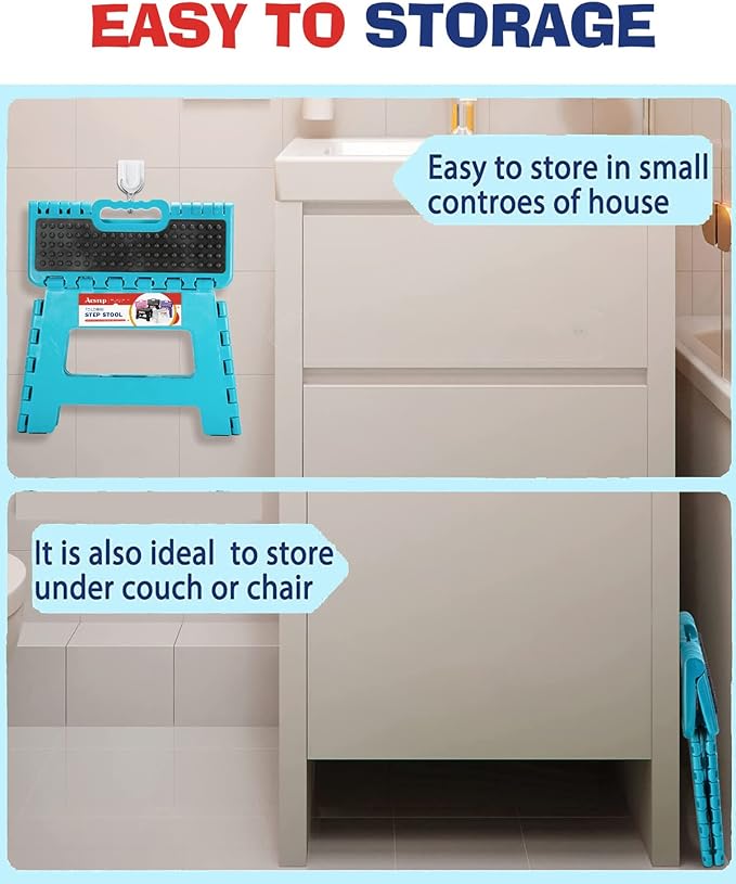 Folding Step Stool 9 Inch, Non-Slip Surface Stool for Kids, Dot Blue | Heavy Duty Foldable Stools, Lightweight, Holds 300 lb, for Toddler Kitchen Bathroom Bedroom Outdoor, Collapsible with Handle - Image 6