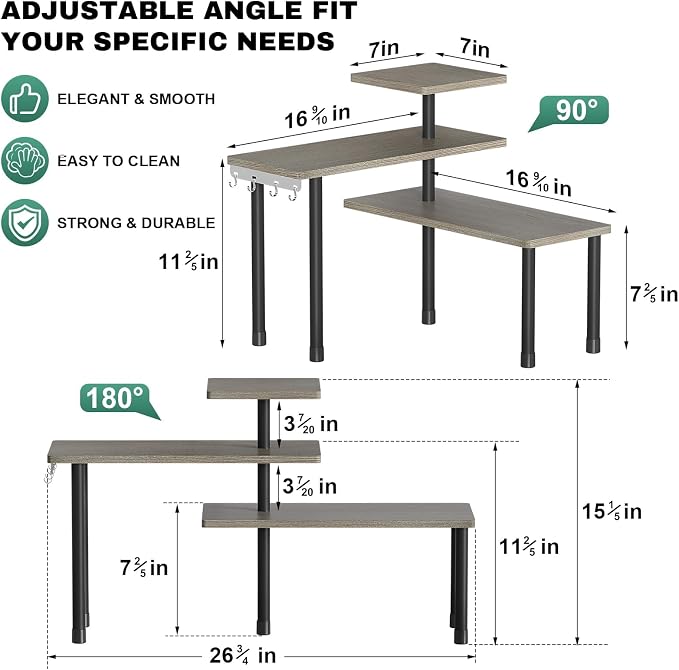 ZHWS Kitchen Countertop Organizer, Bathroom Counter Organizer, Adjustable 3 Tier Corner Shelf with 4 Metal Hooks for Counter Organize, Spice Rack, Makeups, Coffee Station Bookshelf (Rustic Grey) - Image 2