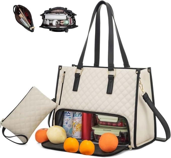 2 in 1 Tote Bag Lunch Bag Combo,Lunch Tote Bag for Women, Large Convertible Laptop Work Handbag for Women (Black and White) by Unknown
