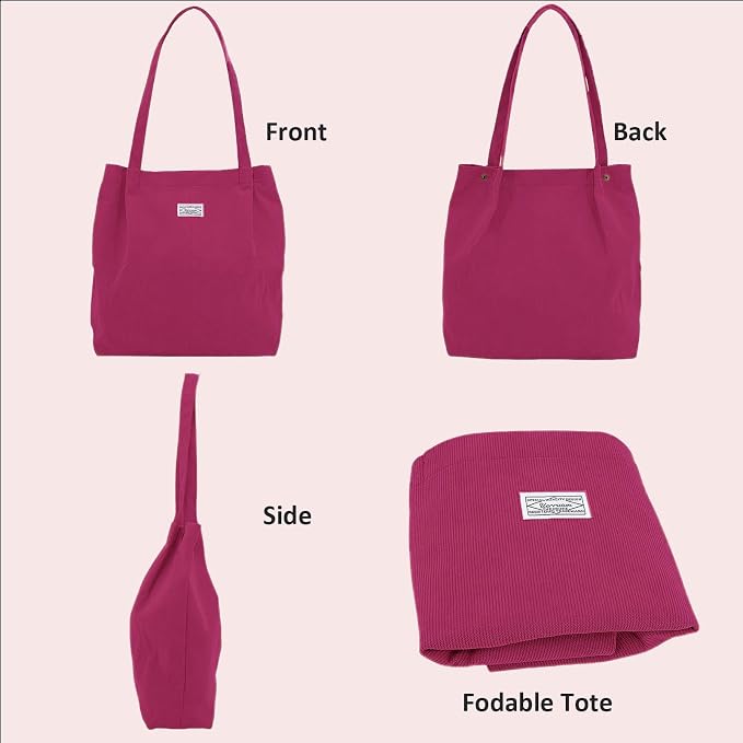 UERRUAM Corduroy Tote Bag for Women with Inner Pockets, Cute Go-to Bag | Slouchy Shoulder Bag for Everyday, Work, Books, Beach & Grocery Shopping, Lightweight Washable Foldable, Cloth Purse - Image 3