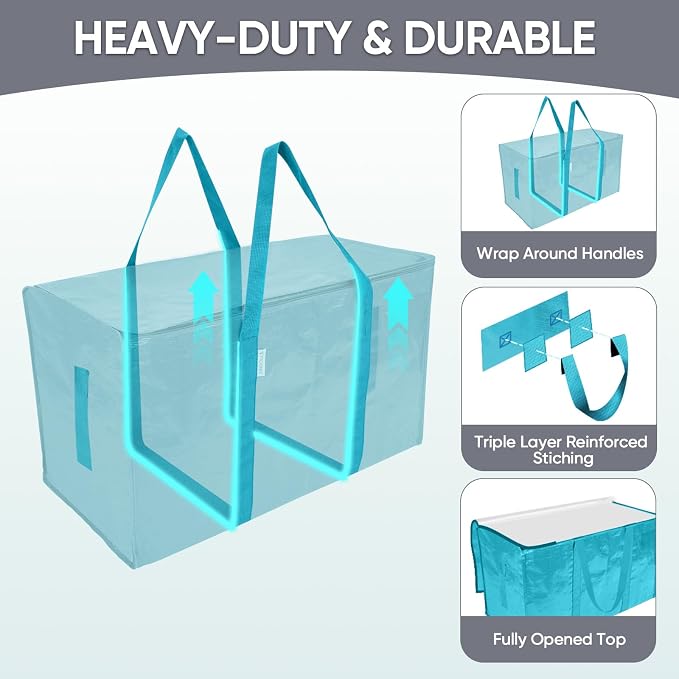 TICONN 4 Pack Extra Large Moving Bags Heavy Duty with Zippers & Carrying Handles, Durable Storage Bags Moving Boxes for Closet Organizers and Storage (4 Pack, Aqua) - Image 3