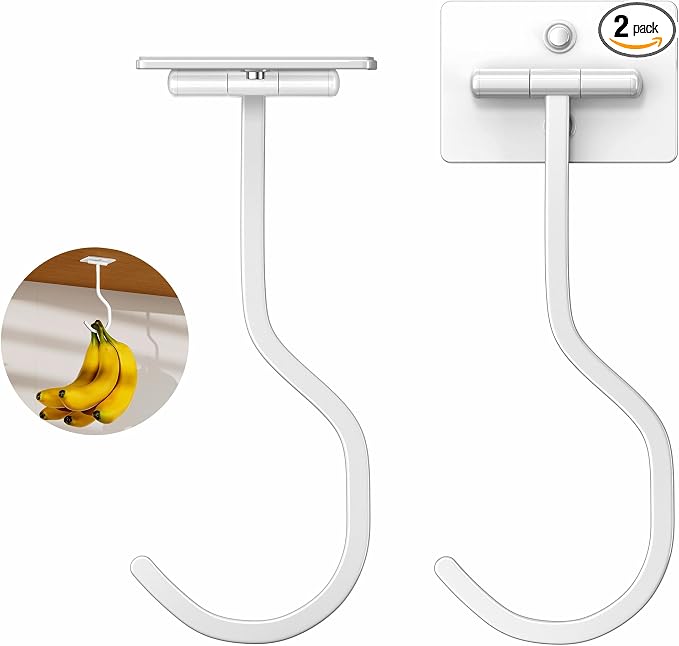 bussdis Adhesive Banana Hook Under Cabinet, White, 2 Pack | Foldable Banana Hanger, Metal Banana Holder, Hold 20 Bananas, Space-Saving Design, Folding with Magnets When Not in Use by BUSSDIS