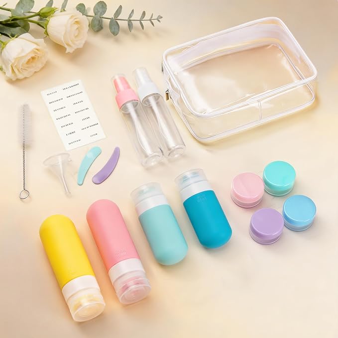 17 Pack Travel Bottles for Toiletries, TSA Approved Leak Proof Silicone Travel Containers for Toiletries with Label-Dopamine Color - Image 5