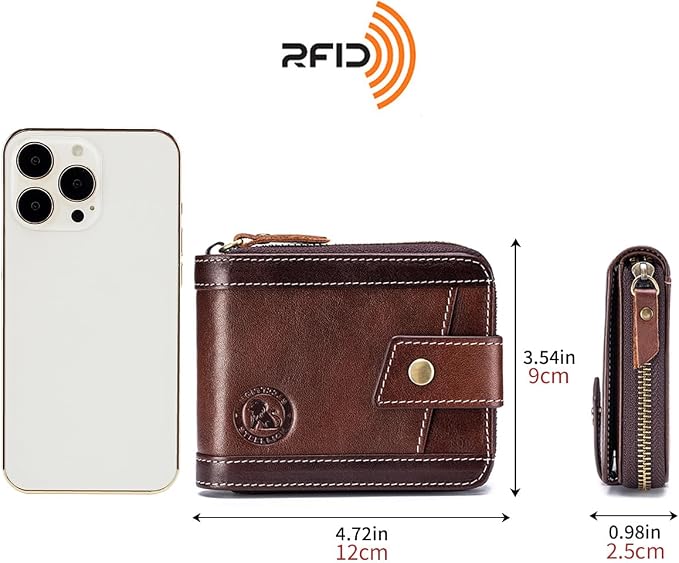 Men's Leather RFID Wallet with Zipper, 14 Card Slots, ID Window | Zippered coin pocket separates loose change; organized for commuting and everyday carry (Coffee) - Image 3
