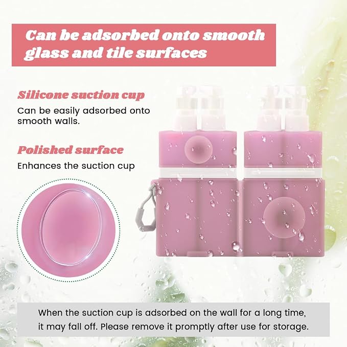 4 in 1 Wall Suction Travel Dispenser Bottles, TSA Approved Leak Proof Travel Size Toiletries Containers with Funnel Labels Bag, Refillable Shampoo Dispenser Kit, Pink - Image 4