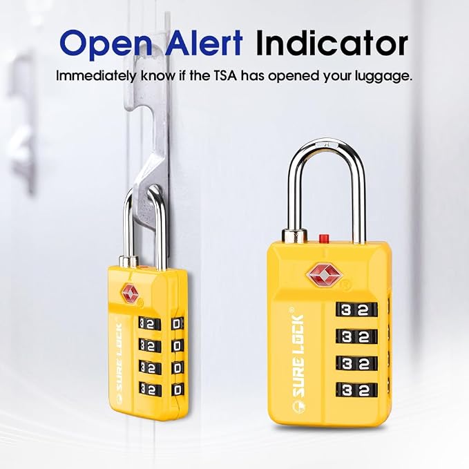SURE LOCK TSA-Approved 4-Digit Resettable Combination Lock with Open Alert, Easy-Read Dials - for Luggage, School Lockers, Gym, Office, Toolbox & Security Cases (Yellow 2 Pack) - Image 3