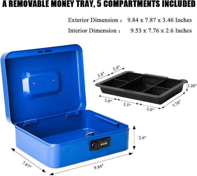 Jssmst Large Cash Box with Combination Lock – Durable Metal Cash Box with Money Tray Blue(9.8 x 7.9 x 3.5), SM-CB07002L - Image 2