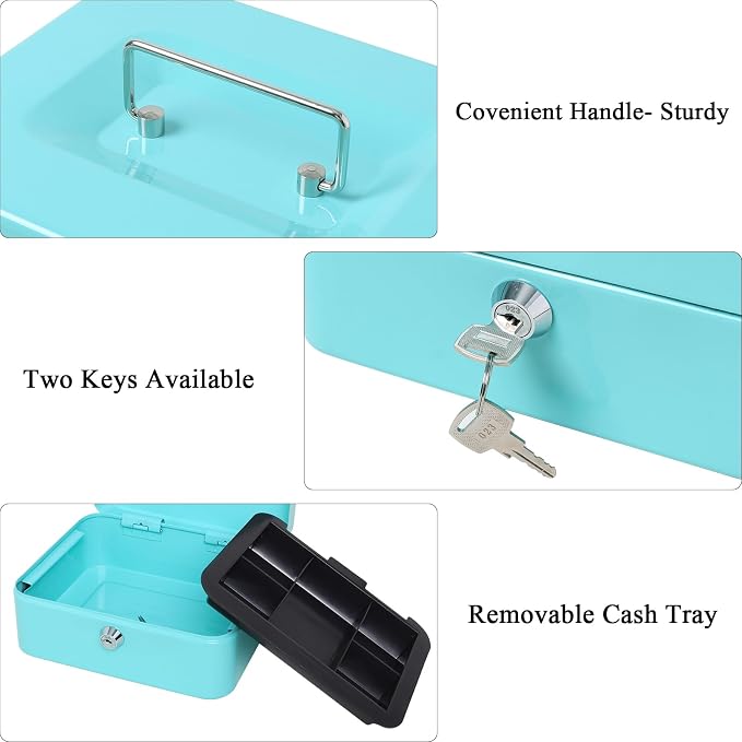 Jssmst Cash Box with Key Lock - Durable Metal Cash Box with Money Tray, Light Blue, Medium - Image 4
