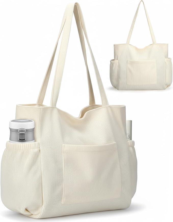 Corduroy Tote Bag for Women,Large Capacity Cute Tote Bags With 6 Pockets,Crossbody Shoulder Handbag for Work Travel Gym by Hatisan