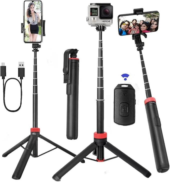 66" Tripod for iPhone & Camera, Portable Phone Tripod with Rechargeable Remote Control and Rotate Phone Stand, Selfie Stick for iPhone/Gopro and Cameras (red, 66 in) by NEWYIHOKJ