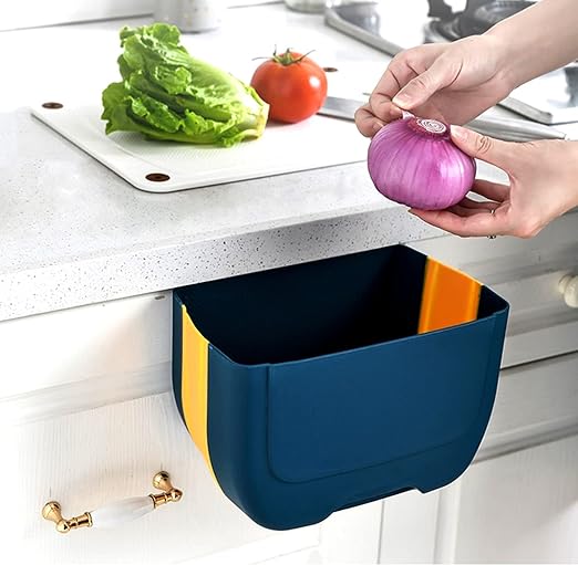 Hanging Folding Mini Trash Can for Kitchen Cabinet Door, Small Collapsible Garbage Bin Under Sink,Wall Mounted Folding Waste Bin- Mini Garbage Container for Cabinet/Bedroom/Bathroom 3L (Blue Yellow) by BanYakong