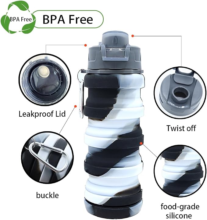Silicone Collapsible Water Bottles, 16oz Portable Foldable Expandable Water Bottle Sports Cups, Leak Proof Reusable BPA Free, for Outdoor Activities Travel(Black white) - Image 3