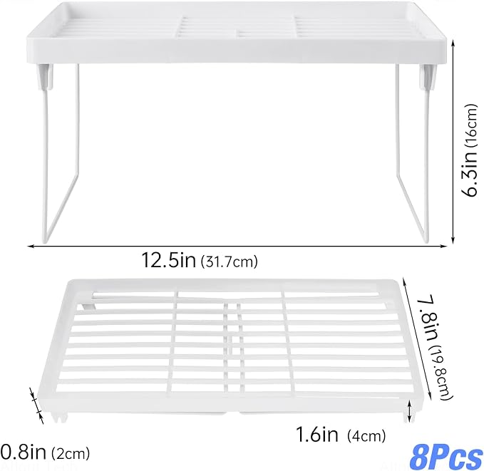NiHome 8-Pack Stackable Plastic Kitchen Storage Shelf Foldable Rack, White | Stackable Kitchen Cabinet Organizer and Storage Shelves, Expandable Storage Racks for Counter Cabinet Pantry - Image 2