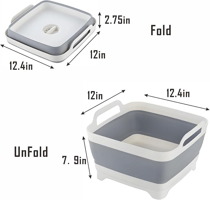 Collapsible Dish Basin with Drain Plug, 9L 2.4 Gallon Portable Wash Basin Dishpan Space Saving Dish Washing Tub Foldable Sink Tub Kitchen Storage Tray Grey - Image 2