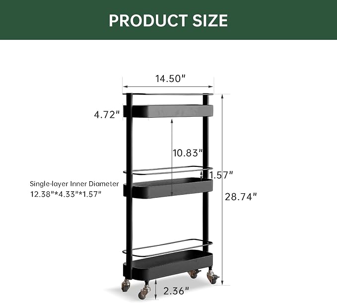 Narrow 3 Tier Rolling Cart, Slim Storage Cart for Bathroom Kitchen | 3 spacious tiers, durable carbon steel frame and smooth swivel wheels provide flexible storage and easy mobility. - Image 3