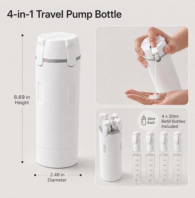4-in-1 Detachable Travel Dispenser Bottles Set Foldable Pump Leak-Proof, Carry-On Compliant 30ml/1OZ Refillable Containers for Shampoo Lotion Body Wash with Protective Case - Image 3