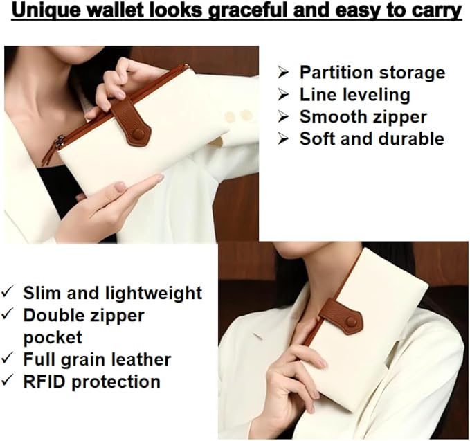 Women Slim Wallet Rfid Blocking With Passport And Credit Cards Holder Purse For Minimalist Soft Leather Zipper Monederos (white) - Image 3