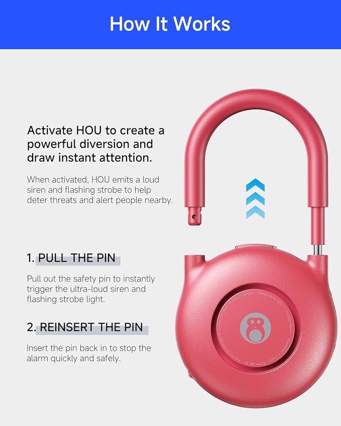 HOU 130dB Personal Alarms for Women – USB-C Rechargeable Self Defense Alarm Keychain with Strobe Light – Loud Personal Safety Alarm for Students & Jogging – Safe for Seniors, Magenta - Image 3