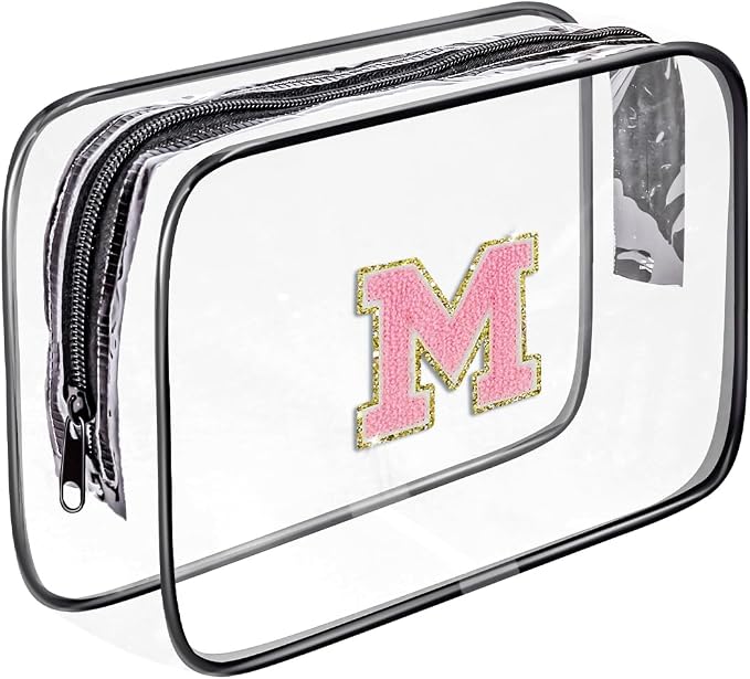 Clear Toiletry Bag,Portable Travel Toiletry Bag,Chenille Letter Cosmetic Bag with Zipper,Waterproof Makeup Bag,Cosmetic Storage Organizer for Women Men,Travel Essentials (Black,M) by Fodofodo