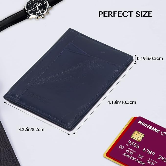Unaone Slim Minimalist Wallet - Premium Leather RFID Blocking Front Pocket Wallets with 8 Card Slots and 2 ID Window, Dark Blue - Image 3