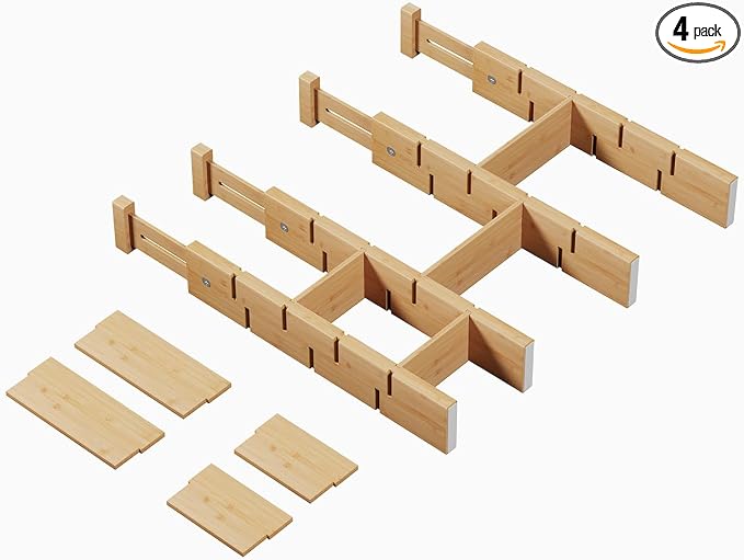 Bamboo Drawer Dividers 4 Pack with Inserts, Kitchen Adjustable Drawer Organizers for Home, Bedroom, Dresser, Expandable Organization 4 Dividers with 8 Inserts by FILWH