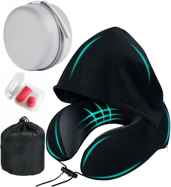 Travel Neck Pillow with Extra Large Hood Rollable Airplane Hooded Neck Pillow with Memory Foam Filling and Removable, Skin-Friendly Cover with Carrying Case & Pouch (Velvet) by ILYISFMTY
