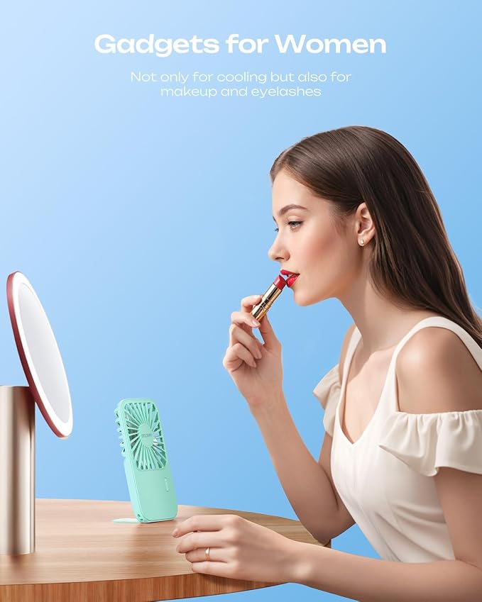 Otlonpe Rechargeable Mini Portable Handheld Fan, Small Personal Battery Powered Handheld Portable Fans for Hand Held Desktop Travel, Foldable Stand, Slim Cordless, Wrist Strap, 3-Speed (Teal) - Image 6