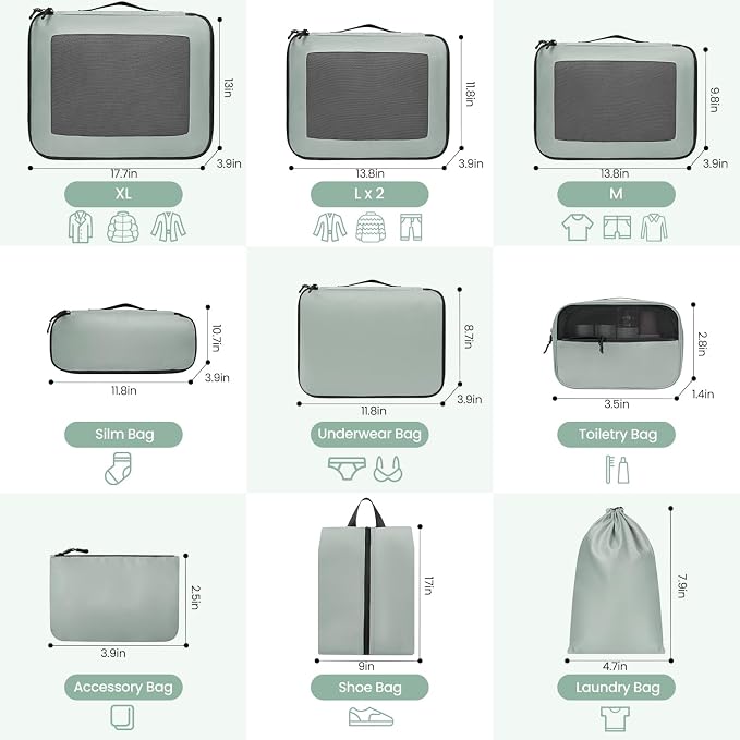Mesh Packing Cubes for Travel, Durable Luggage Organizer with Sturdy Material and Double Zippers, Comprehensive Set for Travel Accessories Storage, 10 set, green - Image 2