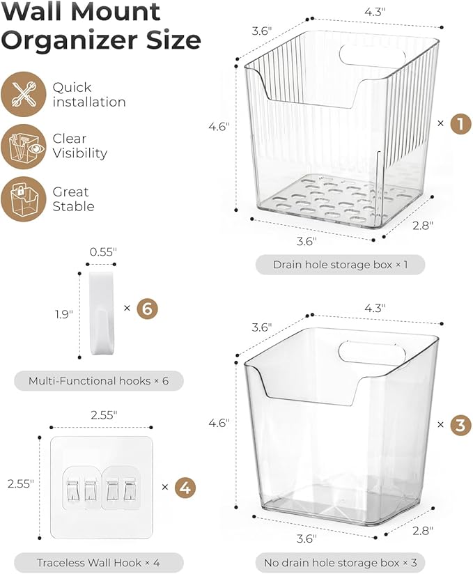 Wall Mount Organizer, 8 Hooks and 6 Pack Cabinet Door Storage Bins, Space-Saving Adhesive Bathroom Wall Organizer, Clear Wall Storage for Office, Cabinet, Pantry, Kitchen, Makeup - Image 2