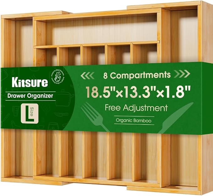 Kitsure Silverware Organizer, Bamboo Kitchen Drawer Tray, Natural, Large | Expandable Drawer Kitchen Organizer, Cooking Utensils & Cutlery, Sturdy & Thickened Design, Storage Solution by Kitsure