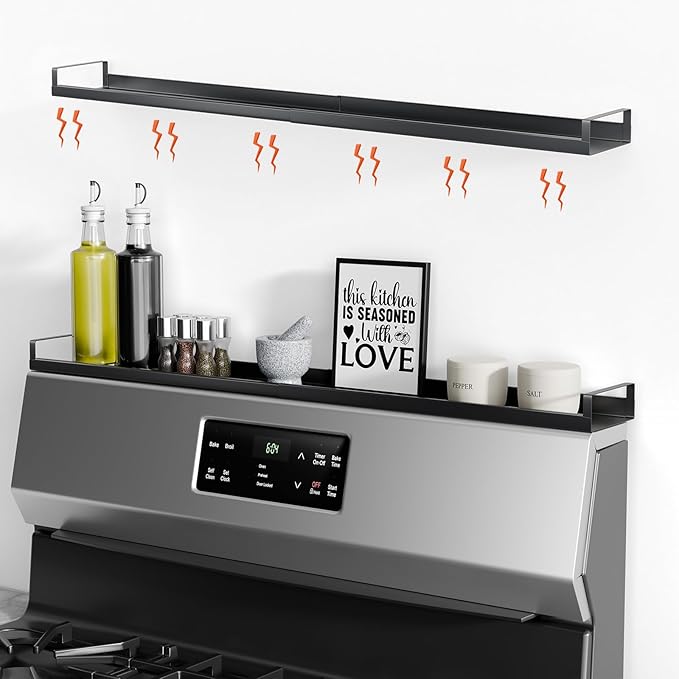 Bumusty 30" Adjustable Magnetic Stove Top Shelf, Matte Black | Expandable Spice Rack with Strong Magnetic Hold for Seasoning Storage and Kitchen Counter Organization by BUMUSTY