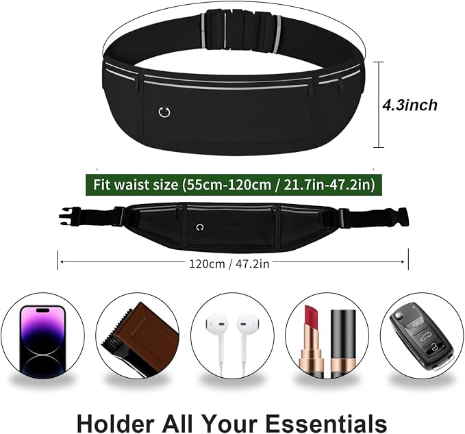 Slim Running Belt Fanny Pack for Men Women, Adjustable Running Phone Holder with 3 Pockets, Reflective Fitness Fanny Pack for Phones up to 7.2 inch, Water Resistant Sports Waist Bag, Black - Image 2