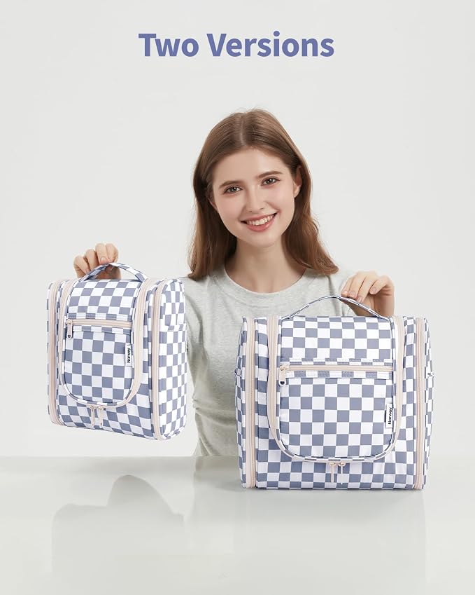 Narwey Checkered Hanging Travel Toiletry Bag for Women, Travel Bag for Toiletries, Makeup Bag Organizer Cosmetic Bags Make Up Bags for Women (Grayish Blue Checkerboard) - Image 8
