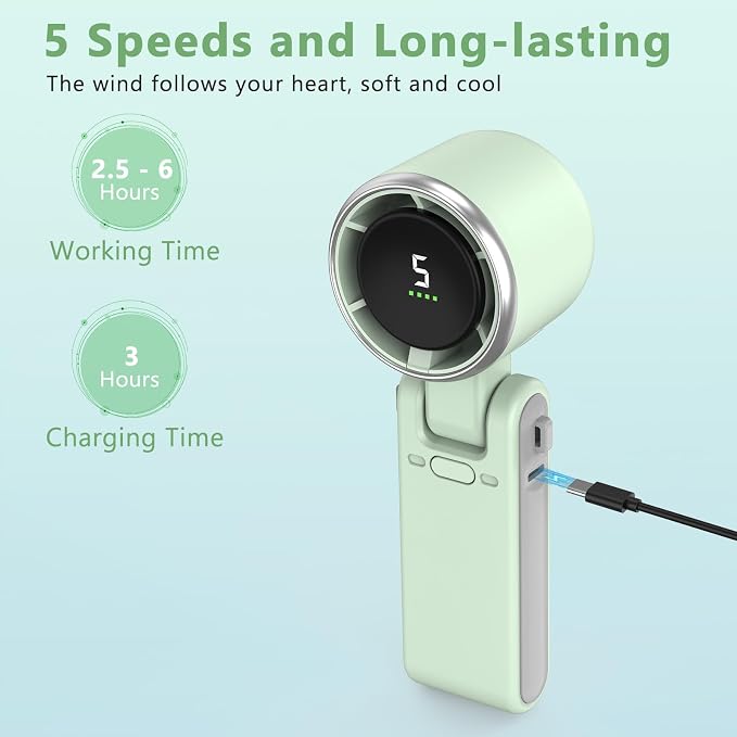 COO Portable Handheld Turbo Fan, 5-Speed Rechargeable Personal Fan | 180° Foldable 3 IN 1 Design with LED Display, Mini Desk Fan for Office, Travel & Outdoor Activities, Green - Image 5