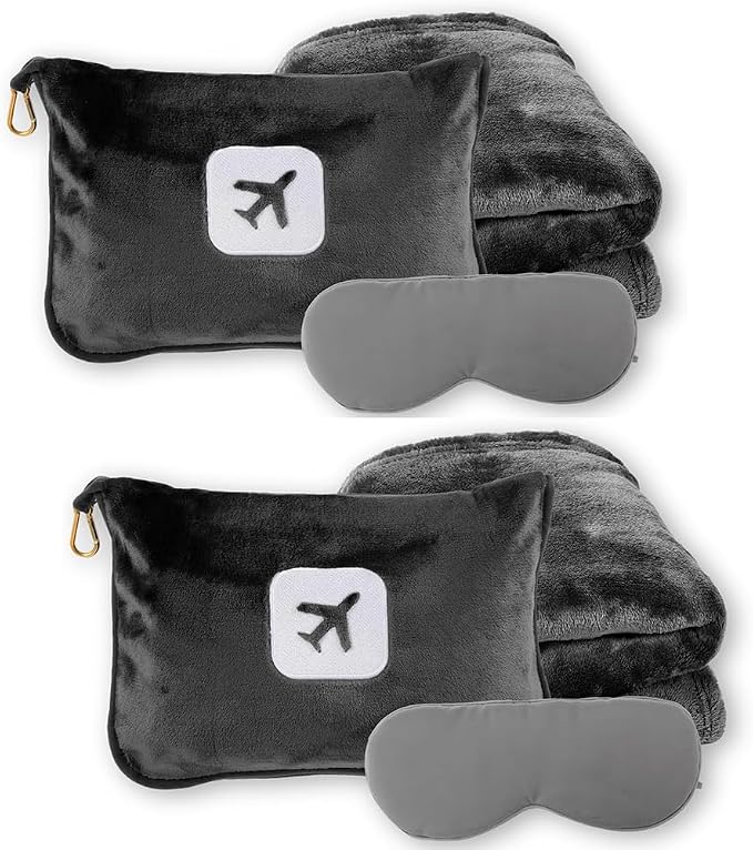 2 Pack Portable Travel Blanket and Pillow - Premium Soft 2 in 1 Airplane Blanket with Compact Pack Soft Bag Pillowcase, Hand Luggage Sleeve and Backpack Clip (Gray) by RELANSON