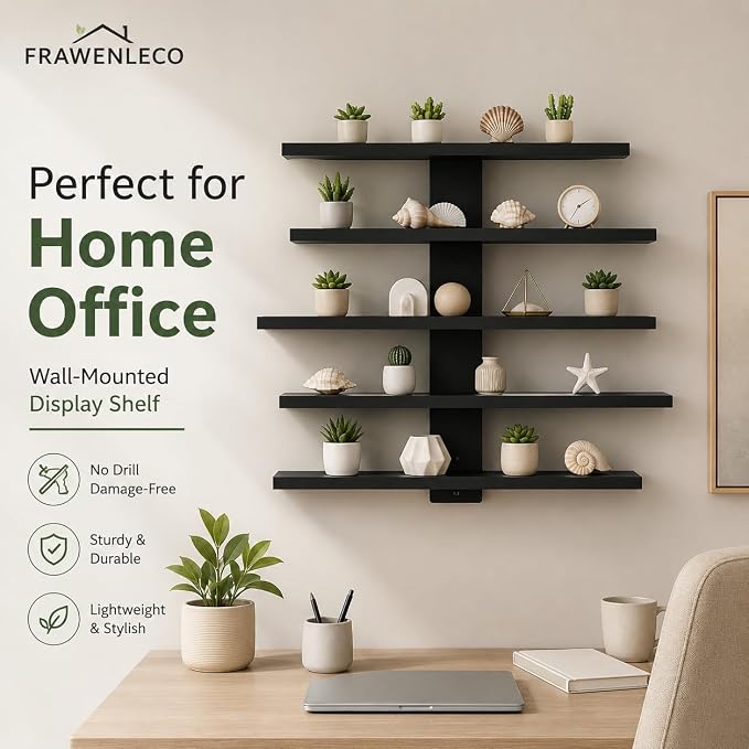No Drill Wall Shelf, 5-Tier Black Floating Shelves with Adhesive, Damage-Free Wall Mounted Organizer for Bathroom, Kitchen, Living Room, Bedroom(Black) - Image 8
