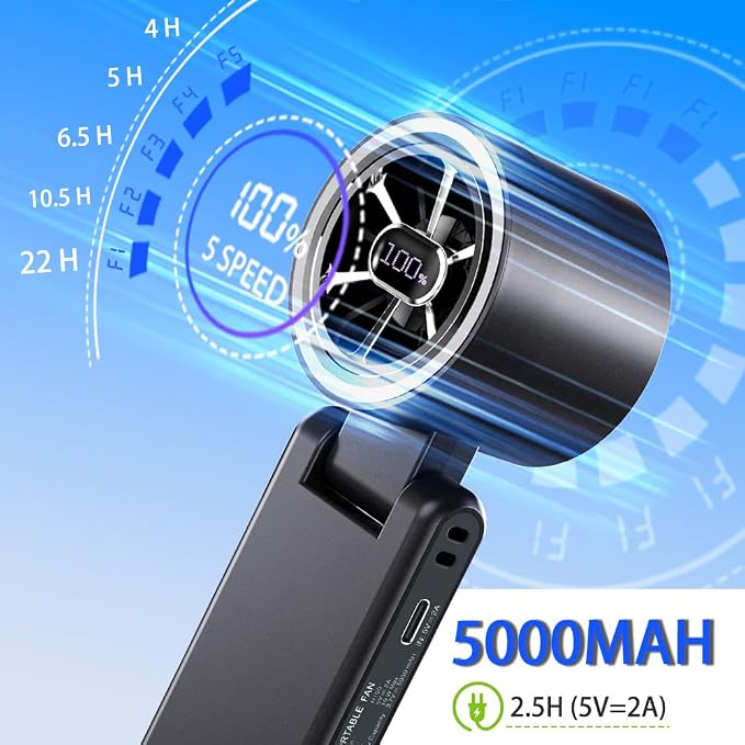 CAZOKASI Rechargeable Strong Wind Handheld Fan With Ambient Lighting 4 IN1 5000mAh Upto 22H For Desktop Waist Clip Neck (StrongWind/Black) - Image 5