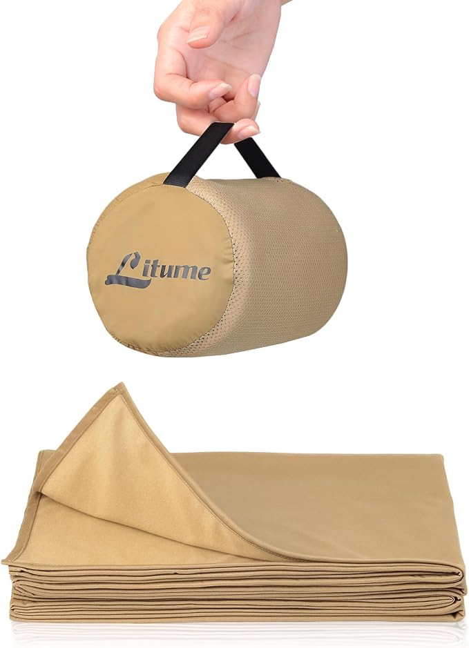 Travel Blanket Lightweight and Breathable, 67 x 48 in Soft Airplane Flight Blanket for Travelers, Foldable Camping Sheet with Stuff Sack for Train, Camp, backapcking, office, home(Creamy Brown) by LitumeOutdoorCollection