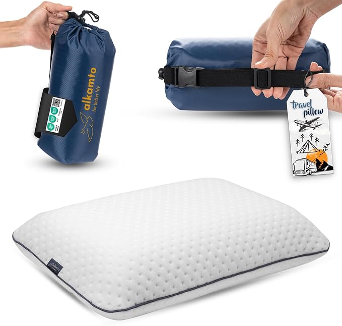 alkamto Travel & Camping Comfortable Memory Foam Pillow – Easy to Carry Portable Bag – Temperature Regulating Pillow Case (White) by Alkamto