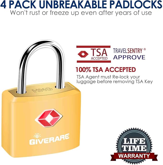 4 Pack TSA Approved Travel Luggage Locks with Keys, Solid Brass Copper Keyed Padlock, ABS Plastic Covered Small Locks for Suitcase, Backpack, Gym Locker, Jewelry Box-by GIVERARE - Image 5