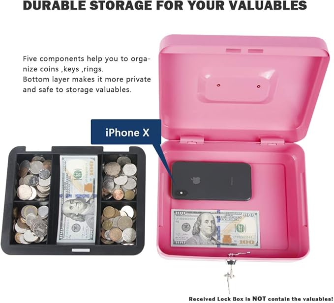 KYODOLED Large Metal Cash Box with Money Tray and Lock,Money Box with Cash Tray,Cash Drawer,9.84"x 7.87"x 3.54" Pink Large - Image 4