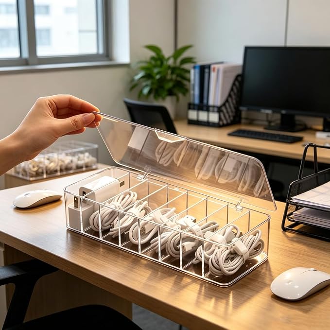 4Pcs cord organizer box with Lid, 10.2 x 3.5 x 2.2in, Desktop Cord Organizer with Compartments (4) - Image 4