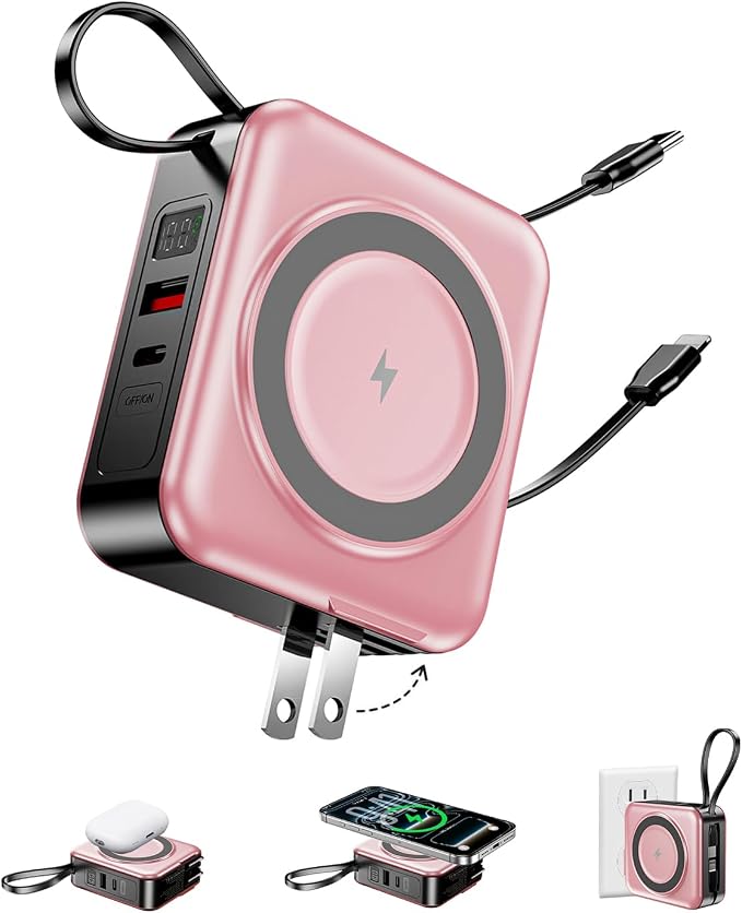 10000mAh for Magsafe Portable Charger Built-in Cables & AC Wall Plug,Pink | 6-in-1,PD 22.5W USB C Fast Charging,15W Magnetic Wireless Charging,Charge 5 devices at once,LED Display Travel Power Bank by Unknown
