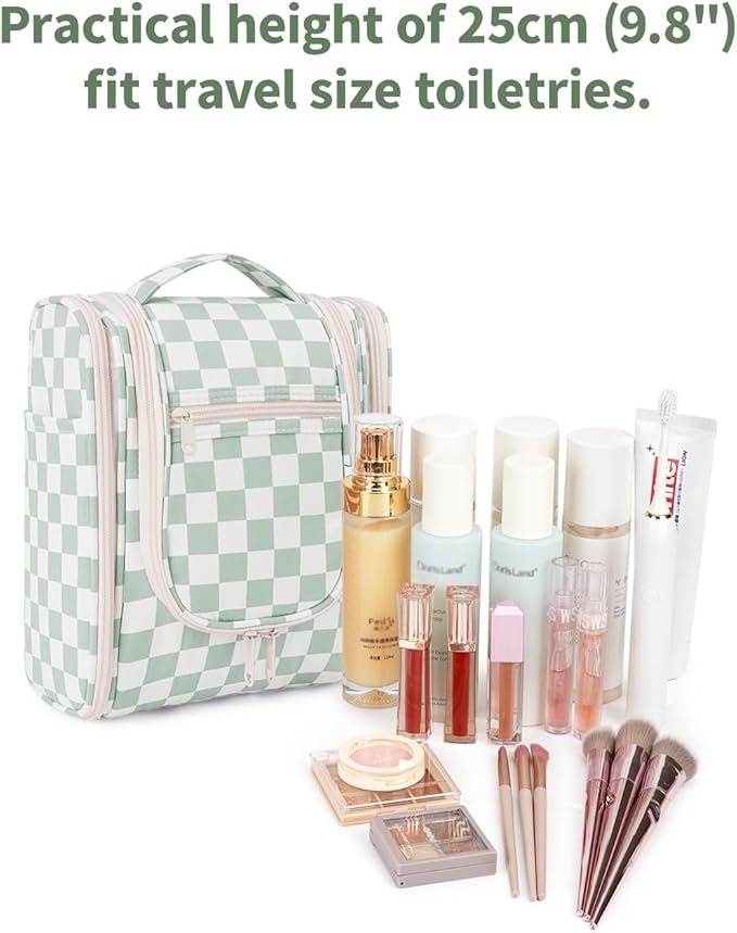 Narwey Hanging Travel Toiletry Bag for Women, Travel Bag for Toiletries, Checkered Makeup Bag Organizer, Cosmetic Make Up Bags for Travel Size Essentials, Skincare, Brushes (Mint Green Checkerboard) - Image 4
